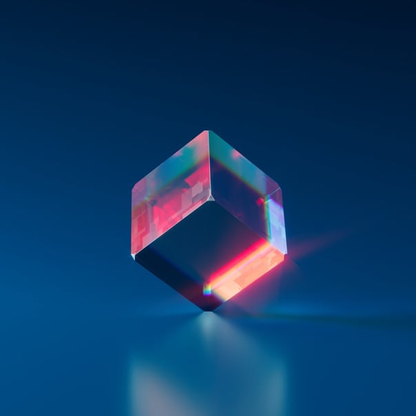 Image of a 3D transparent cube with blue background